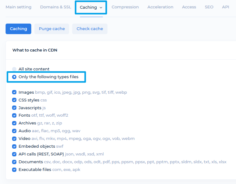cdnnow! caching settings